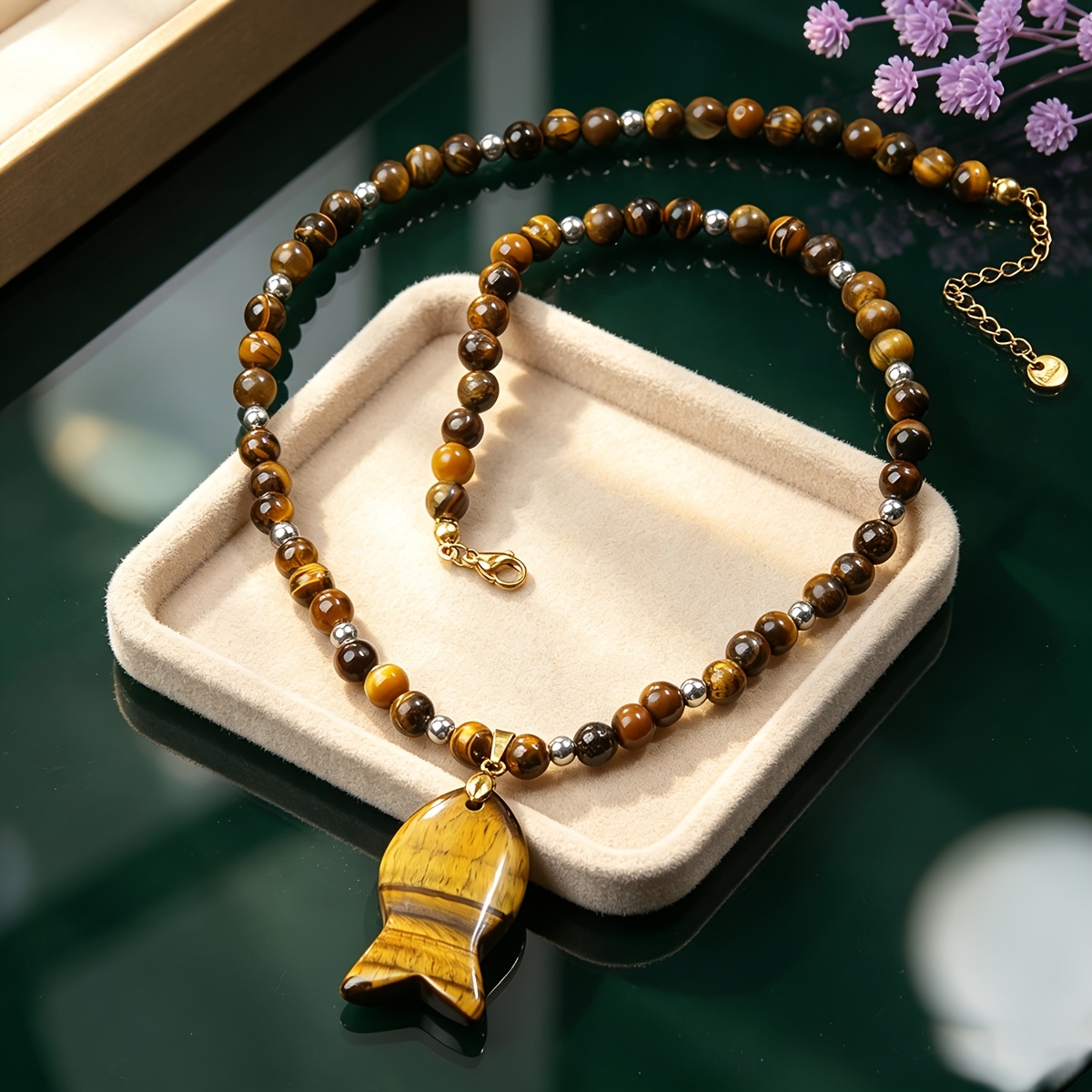Natural Tiger's Eye Round Bead Necklace with Fish-Shaped Pendant